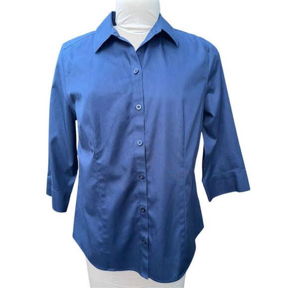 Chico’s 3/4 Sleeve No Iron Blouse Stretch Chico’s Sz. 1 (M) Packable Navy Blue - Picture 1 of 6